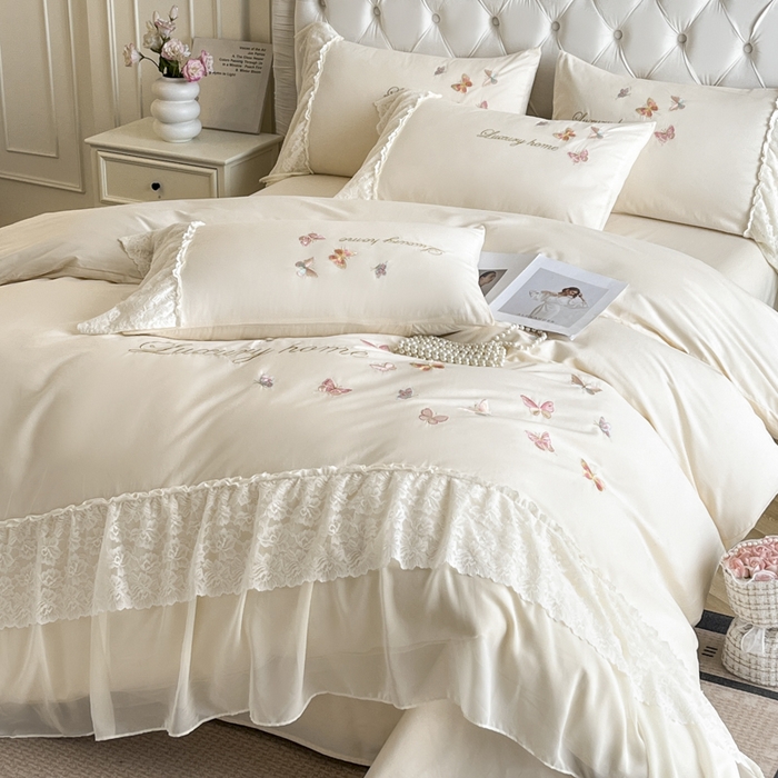 索飞特家纺 2025新款全棉蕾丝双层边刺绣四件套（蝶雅） 蝶雅-白