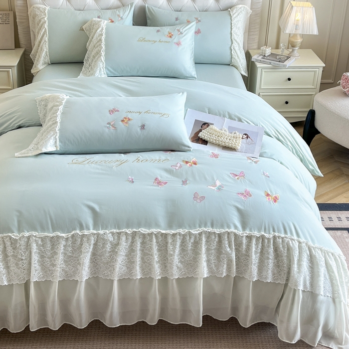 91家纺网 家纺一手货源 找家纺 索飞特家纺 2025新款全棉蕾丝双层边刺绣四件套（蝶雅） 蝶雅-蒂芙兰