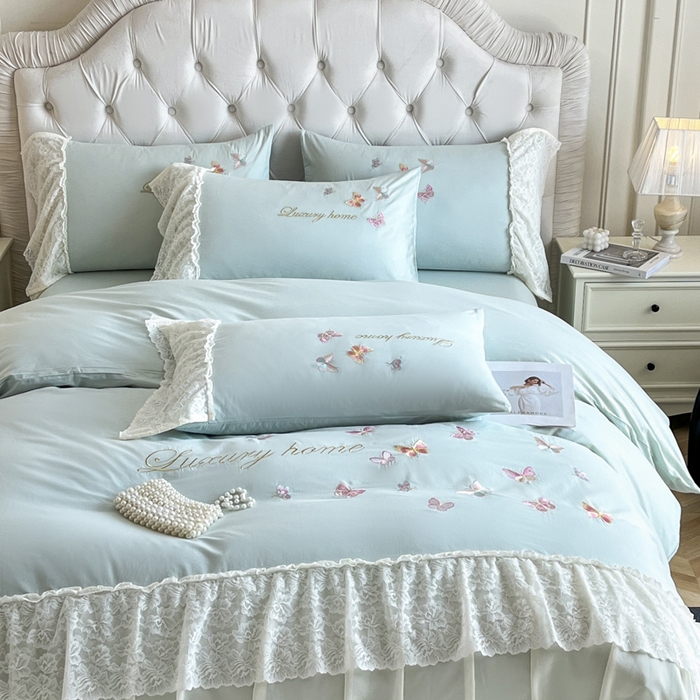 91家纺网 家纺一手货源 找家纺 索飞特家纺 2025新款全棉蕾丝双层边刺绣四件套（蝶雅） 蝶雅-蒂芙兰