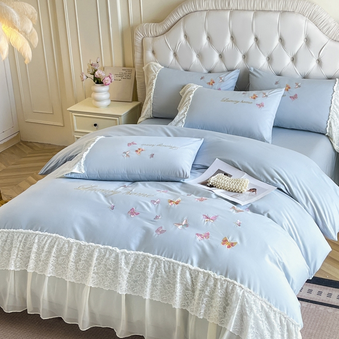91家纺网 家纺一手货源 找家纺 索飞特家纺 2025新款全棉蕾丝双层边刺绣四件套（蝶雅） 蝶雅-蓝