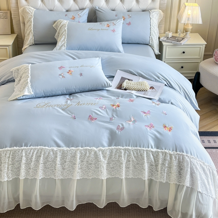 91家纺网 家纺一手货源 找家纺 索飞特家纺 2025新款全棉蕾丝双层边刺绣四件套（蝶雅） 蝶雅-蓝