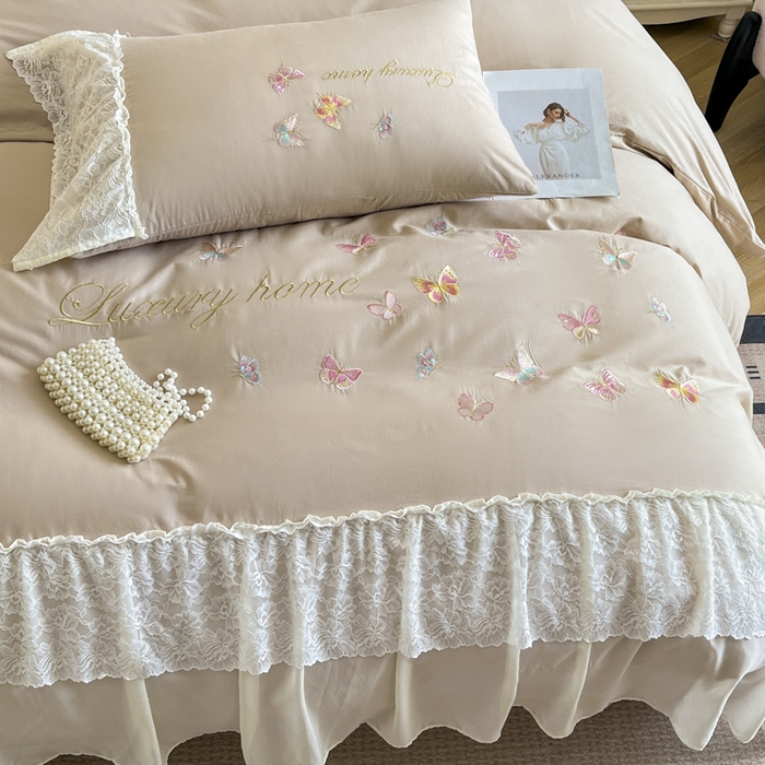 91家纺网 家纺一手货源 找家纺 索飞特家纺 2025新款全棉蕾丝双层边刺绣四件套（蝶雅） 蝶雅-燕麦