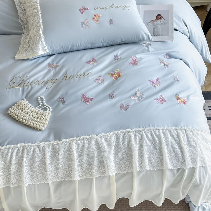 91家纺网 家纺一手货源 找家纺 索飞特家纺 2025新款全棉蕾丝双层边刺绣四件套（蝶雅） 蝶雅-蓝