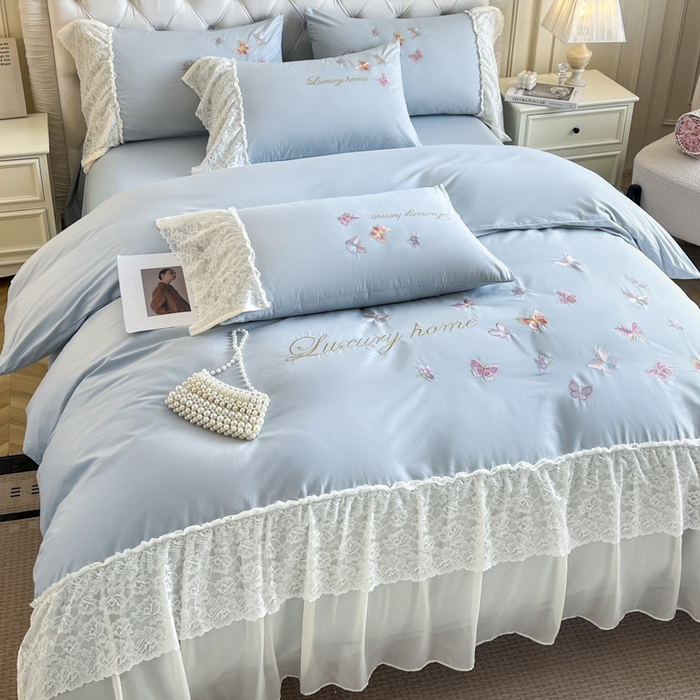 91家纺网 家纺一手货源 找家纺 索飞特家纺 2025新款全棉蕾丝双层边刺绣四件套（蝶雅） 蝶雅-蓝