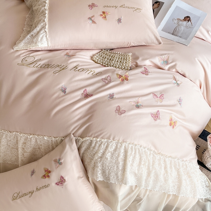 91家纺网 家纺一手货源 找家纺 索飞特家纺 2025新款全棉蕾丝双层边刺绣四件套（蝶雅） 蝶雅-粉