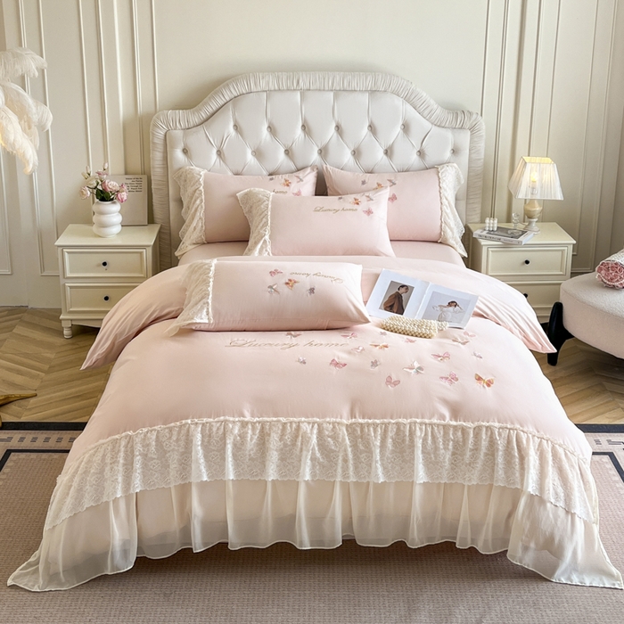 91家纺网 家纺一手货源 找家纺 索飞特家纺 2025新款全棉蕾丝双层边刺绣四件套（蝶雅） 蝶雅-粉