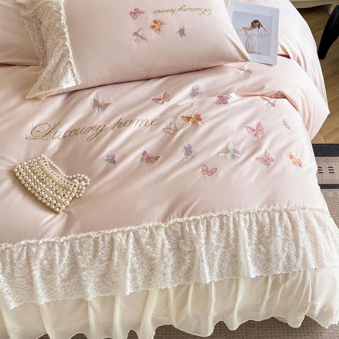 91家纺网 家纺一手货源 找家纺 索飞特家纺 2025新款全棉蕾丝双层边刺绣四件套（蝶雅） 蝶雅-粉