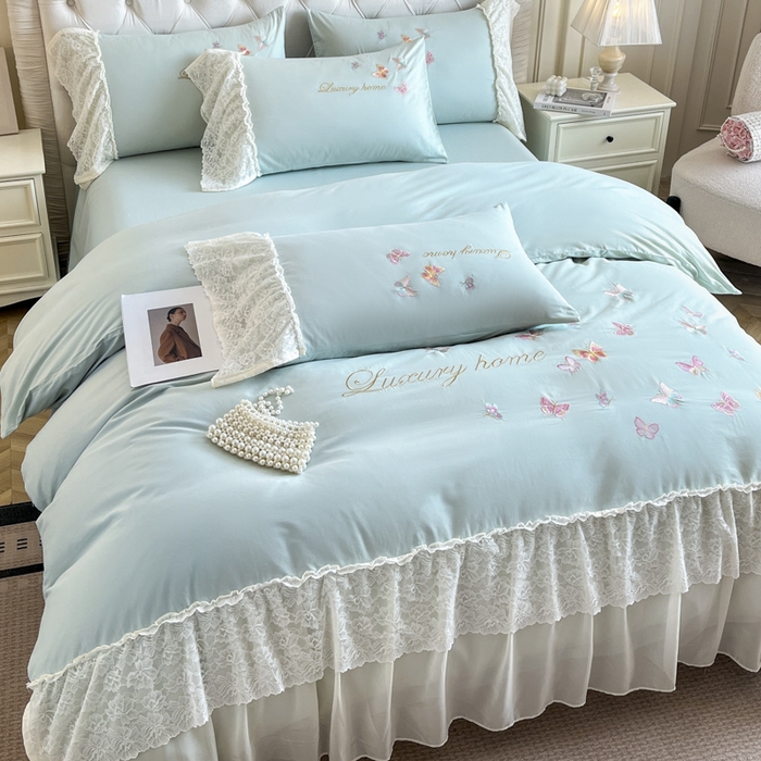 91家纺网 家纺一手货源 找家纺 索飞特家纺 2025新款全棉蕾丝双层边刺绣四件套（蝶雅） 蝶雅-蒂芙兰