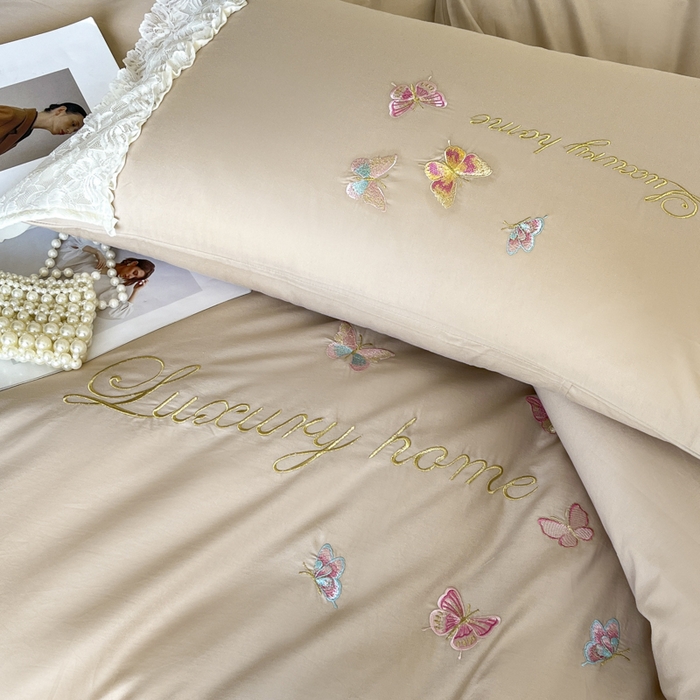 91家纺网 家纺一手货源 找家纺 索飞特家纺 2025新款全棉蕾丝双层边刺绣四件套（蝶雅） 蝶雅-燕麦