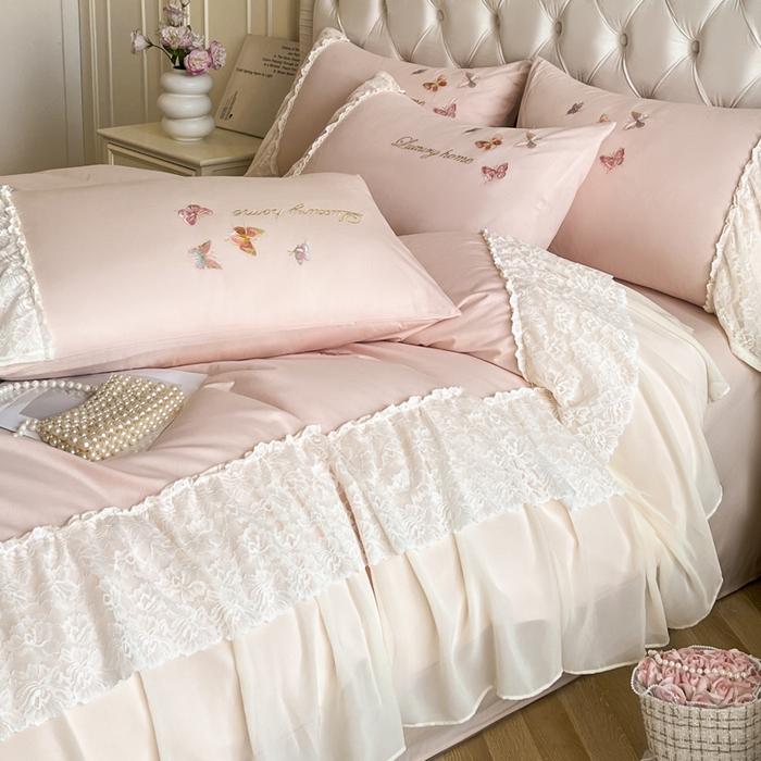91家纺网 家纺一手货源 找家纺 索飞特家纺 2025新款全棉蕾丝双层边刺绣四件套（蝶雅） 蝶雅-粉