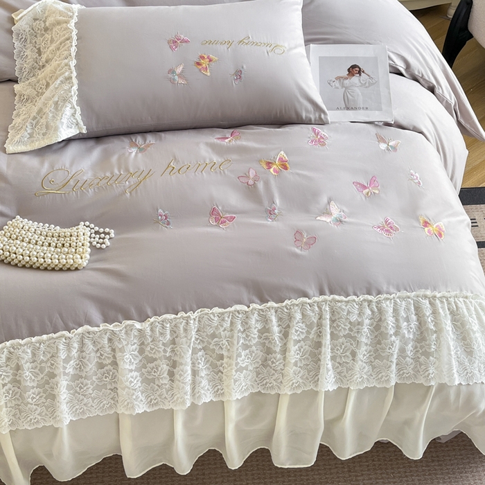 91家纺网 家纺一手货源 找家纺 索飞特家纺 2025新款全棉蕾丝双层边刺绣四件套（蝶雅） 蝶雅-紫灰