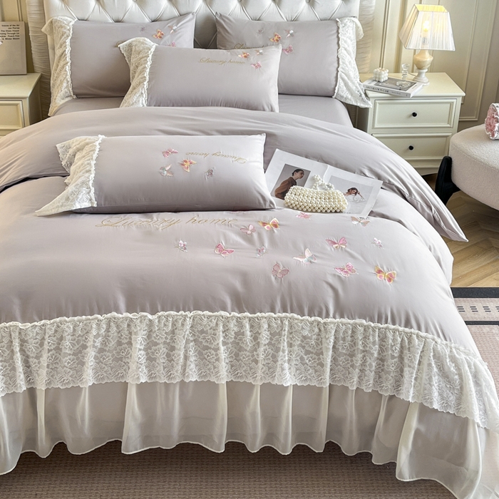 91家纺网 家纺一手货源 找家纺 索飞特家纺 2025新款全棉蕾丝双层边刺绣四件套（蝶雅） 蝶雅-紫灰