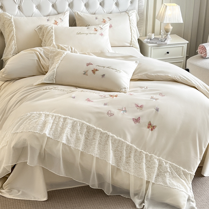 91家纺网 家纺一手货源 找家纺 索飞特家纺 2025新款全棉蕾丝双层边刺绣四件套（蝶雅） 蝶雅-白