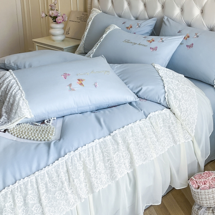 91家纺网 家纺一手货源 找家纺 索飞特家纺 2025新款全棉蕾丝双层边刺绣四件套（蝶雅） 蝶雅-蓝