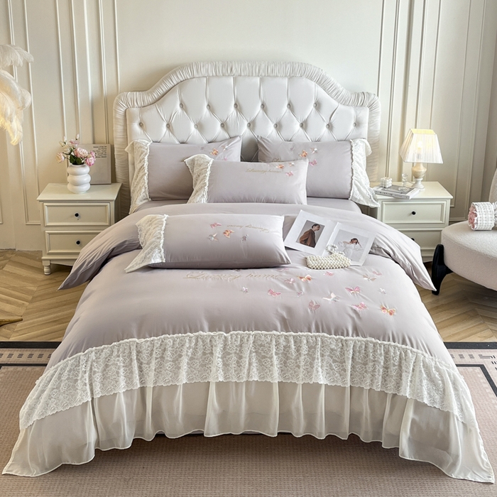 91家纺网 家纺一手货源 找家纺 索飞特家纺 2025新款全棉蕾丝双层边刺绣四件套（蝶雅） 蝶雅-紫灰