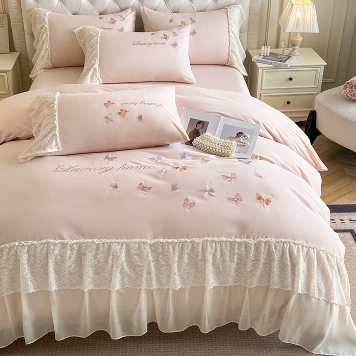 91家纺网 家纺一手货源 找家纺 索飞特家纺 2025新款全棉蕾丝双层边刺绣四件套（蝶雅） 蝶雅-粉