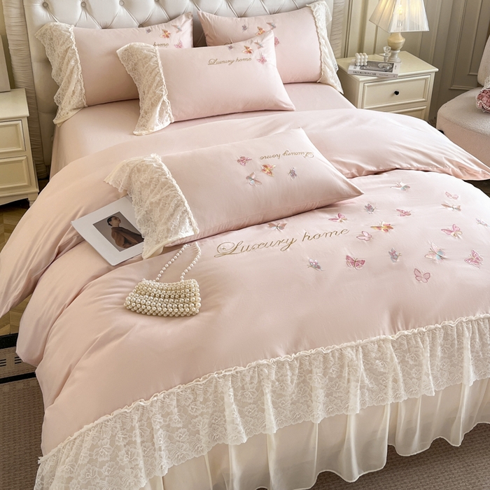 91家纺网 家纺一手货源 找家纺 索飞特家纺 2025新款全棉蕾丝双层边刺绣四件套（蝶雅） 蝶雅-粉
