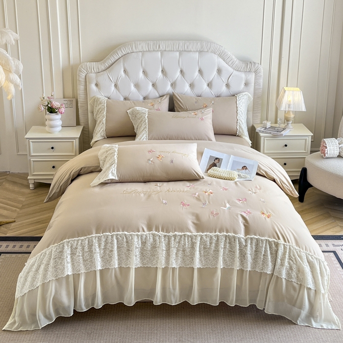 91家纺网 家纺一手货源 找家纺 索飞特家纺 2025新款全棉蕾丝双层边刺绣四件套（蝶雅） 蝶雅-燕麦