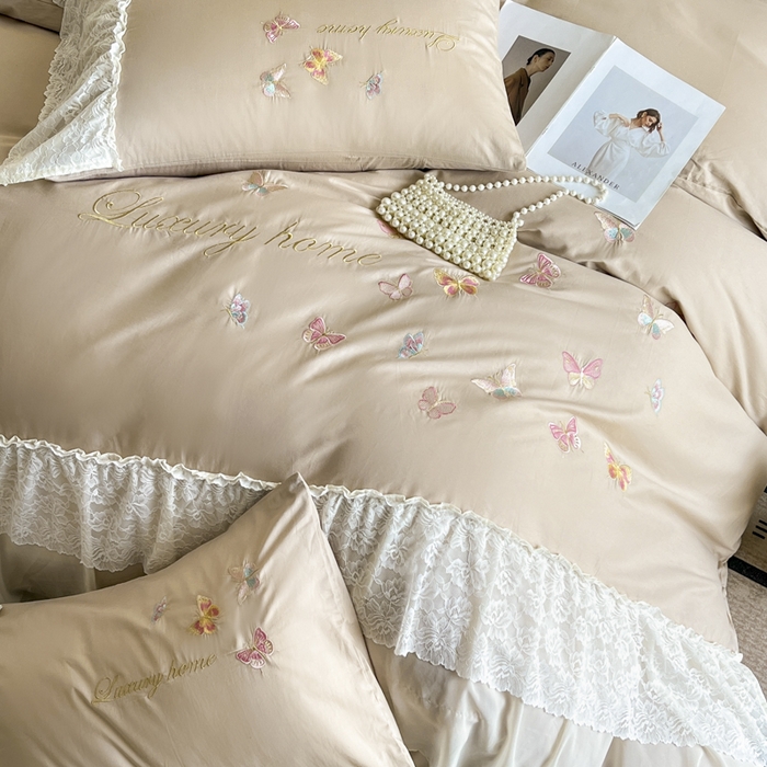 91家纺网 家纺一手货源 找家纺 索飞特家纺 2025新款全棉蕾丝双层边刺绣四件套（蝶雅） 蝶雅-燕麦