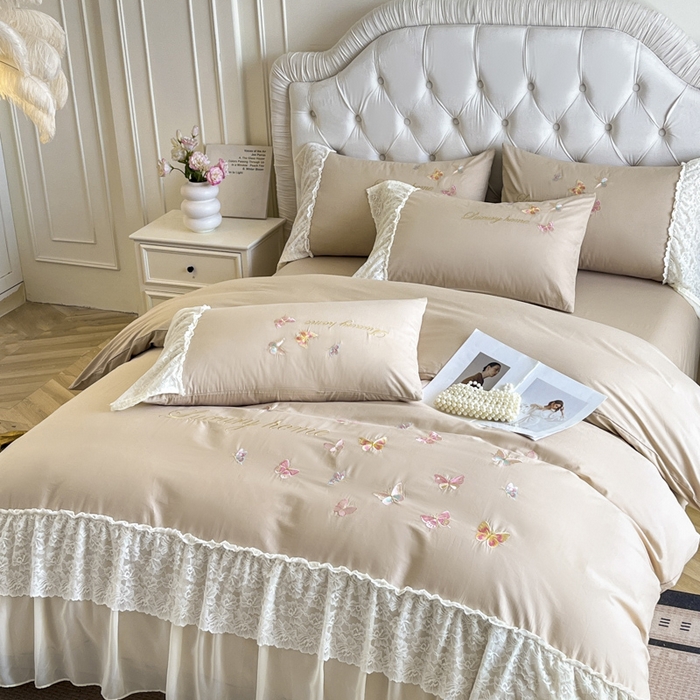 91家纺网 家纺一手货源 找家纺 索飞特家纺 2025新款全棉蕾丝双层边刺绣四件套（蝶雅） 蝶雅-燕麦