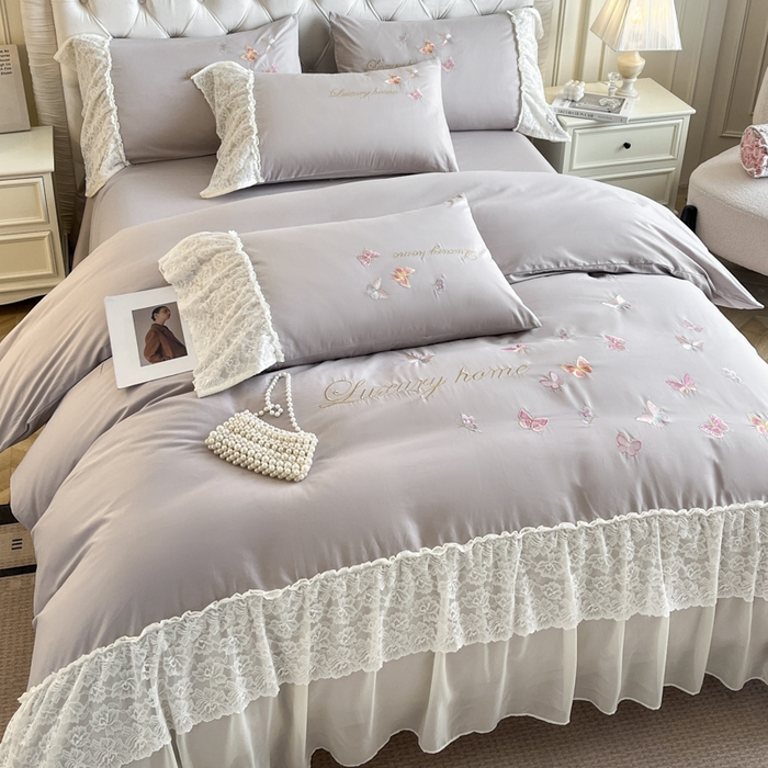 91家纺网 家纺一手货源 找家纺 索飞特家纺 2025新款全棉蕾丝双层边刺绣四件套（蝶雅） 蝶雅-紫灰