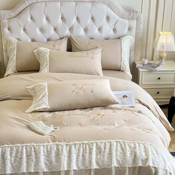 91家纺网 家纺一手货源 找家纺 索飞特家纺 2025新款全棉蕾丝双层边刺绣四件套（蝶雅） 蝶雅-燕麦