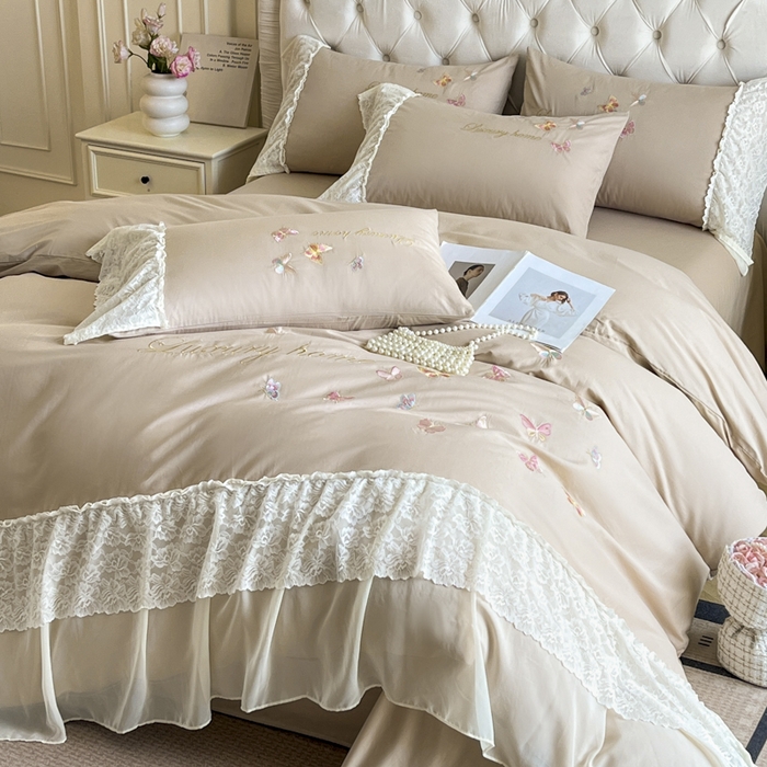 索飞特家纺 2025新款全棉蕾丝双层边刺绣四件套（蝶雅） 蝶雅-燕麦