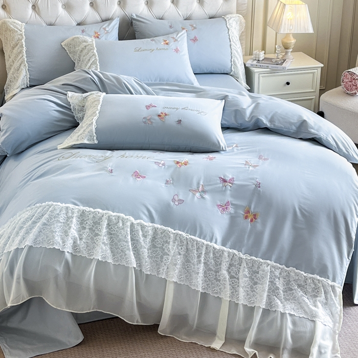 91家纺网 家纺一手货源 找家纺 索飞特家纺 2025新款全棉蕾丝双层边刺绣四件套（蝶雅） 蝶雅-蓝