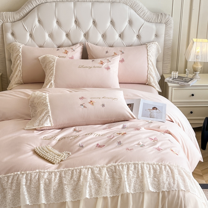 91家纺网 家纺一手货源 找家纺 索飞特家纺 2025新款全棉蕾丝双层边刺绣四件套（蝶雅） 蝶雅-粉
