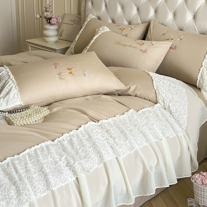 91家纺网 家纺一手货源 找家纺 索飞特家纺 2025新款全棉蕾丝双层边刺绣四件套（蝶雅） 蝶雅-燕麦