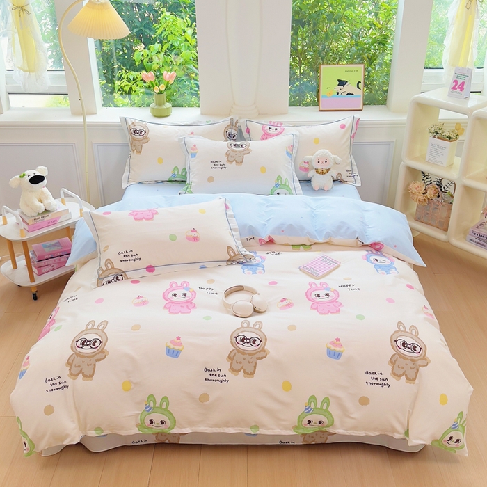 91家纺网 家纺一手货源 找家纺 铭博家纺 新款直播爆款网红全棉四件套13070印花吊边一字绣纯棉被套工艺款 彩萌布布