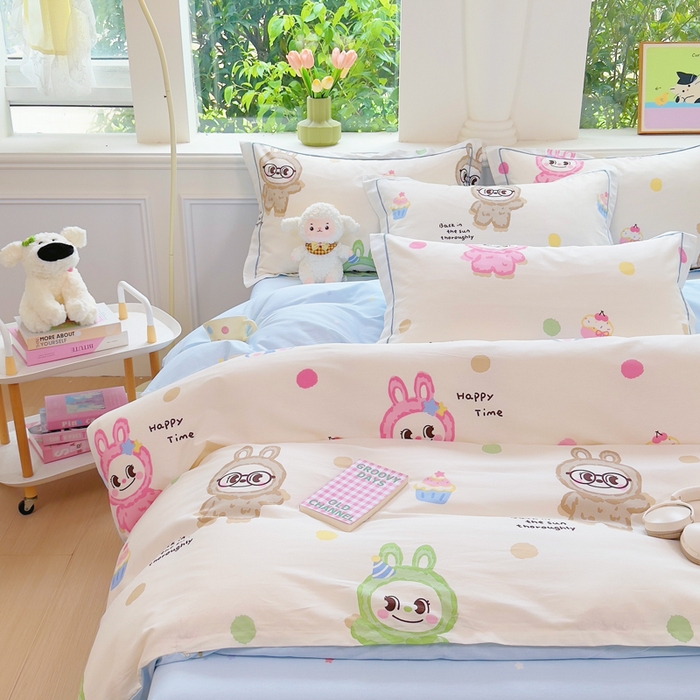 91家纺网 家纺一手货源 找家纺 铭博家纺 新款直播爆款网红全棉四件套13070印花吊边一字绣纯棉被套工艺款 彩萌布布