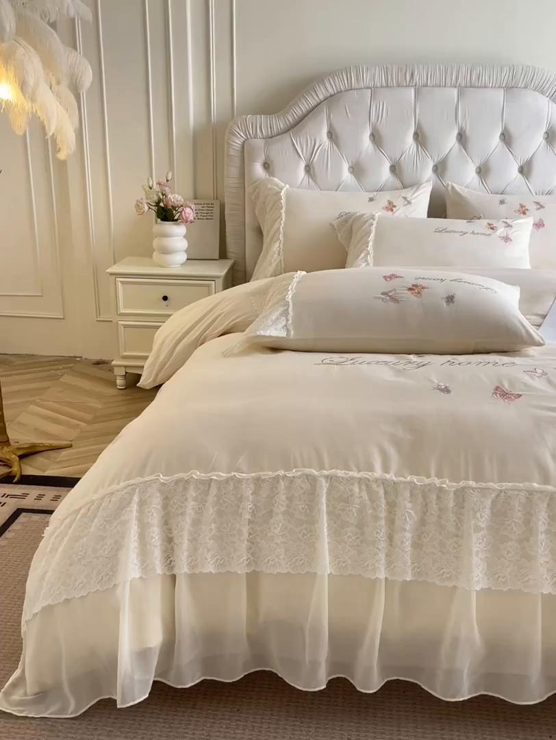 91家纺网 家纺一手货源 找家纺 索飞特家纺 2025新款全棉蕾丝双层边刺绣四件套（蝶雅） 蝶雅-燕麦