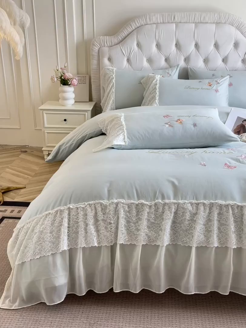 91家纺网 家纺一手货源 找家纺 索飞特家纺 2025新款全棉蕾丝双层边刺绣四件套（蝶雅） 蝶雅-蒂芙兰