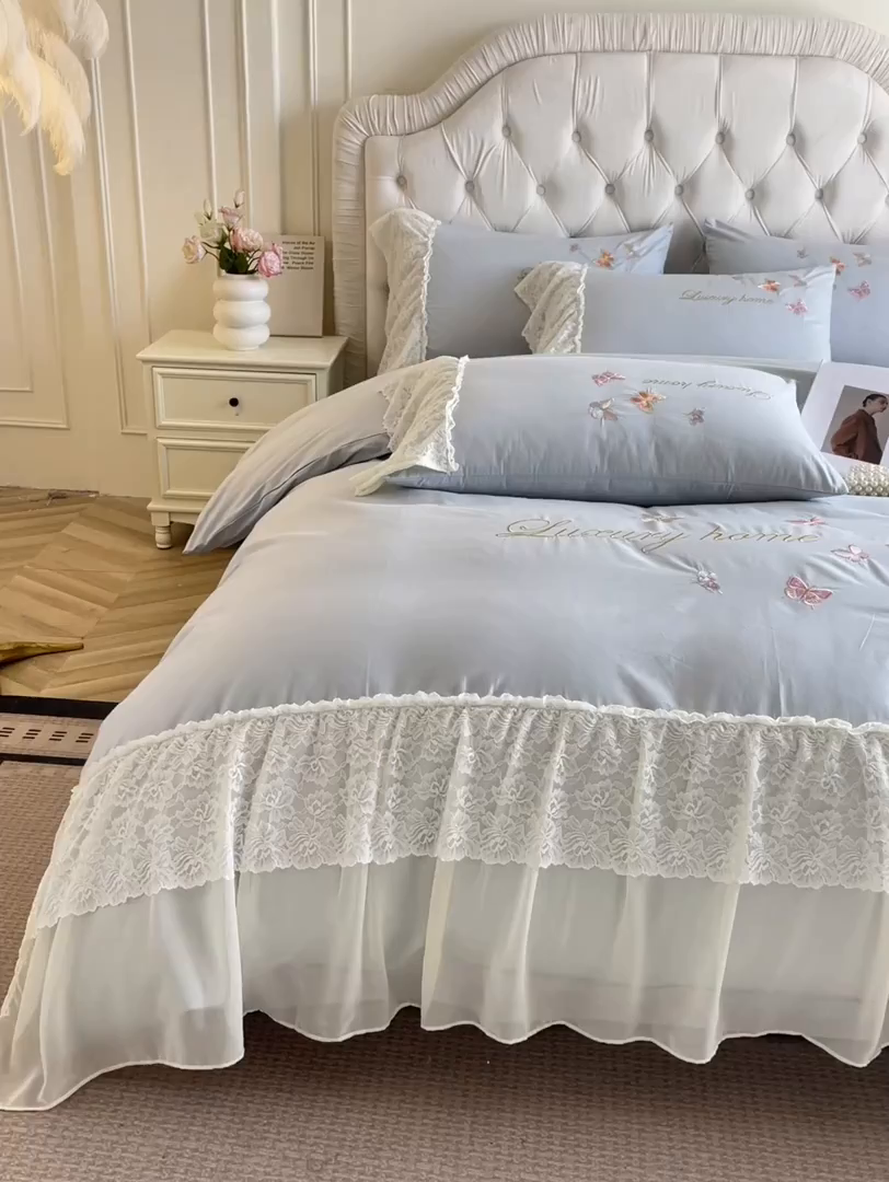 91家纺网 家纺一手货源 找家纺 索飞特家纺 2025新款全棉蕾丝双层边刺绣四件套（蝶雅） 蝶雅-蓝