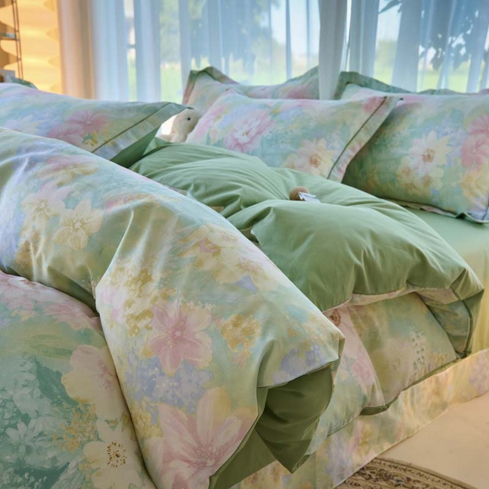 91家纺网 家纺一手货源 找家纺 铭博家纺 新款直播爆款网红全棉四件套13070印花吊边一字绣纯棉被套工艺款 白棠雾黎