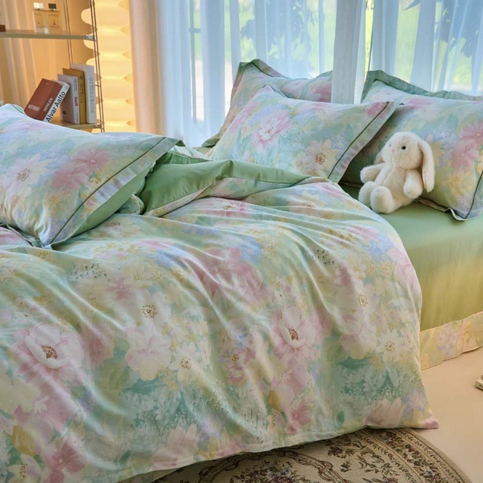 91家纺网 家纺一手货源 找家纺 铭博家纺 新款直播爆款网红全棉四件套13070印花吊边一字绣纯棉被套工艺款 白棠雾黎