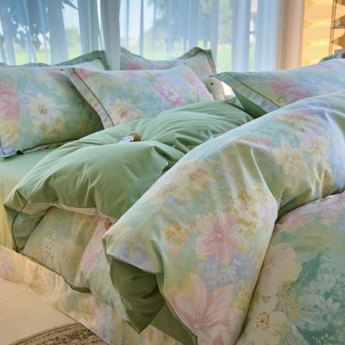 91家纺网 家纺一手货源 找家纺 铭博家纺 新款直播爆款网红全棉四件套13070印花吊边一字绣纯棉被套工艺款 白棠雾黎