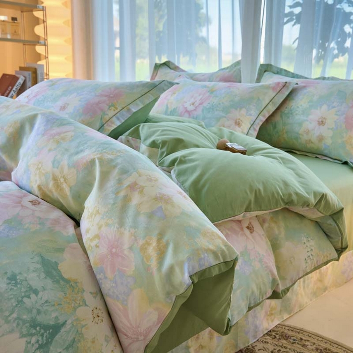 91家纺网 家纺一手货源 找家纺 铭博家纺 新款直播爆款网红全棉四件套13070印花吊边一字绣纯棉被套工艺款 白棠雾黎