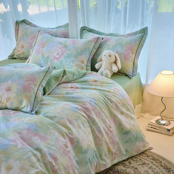 91家纺网 家纺一手货源 找家纺 铭博家纺 新款直播爆款网红全棉四件套13070印花吊边一字绣纯棉被套工艺款 白棠雾黎