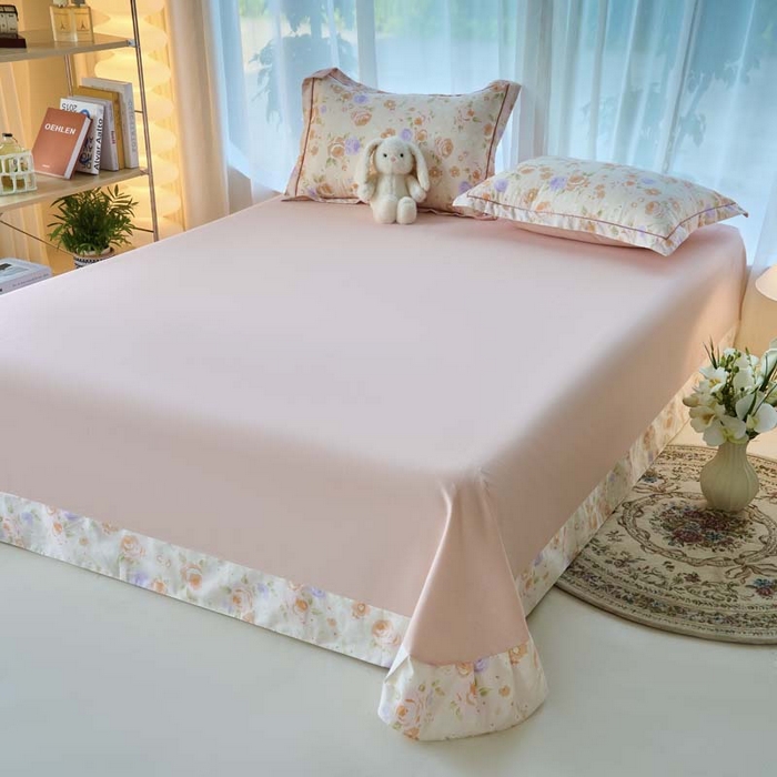 91家纺网 家纺一手货源 找家纺 铭博家纺 新款直播爆款网红全棉四件套13070印花吊边一字绣纯棉被套工艺款 浮云花浔