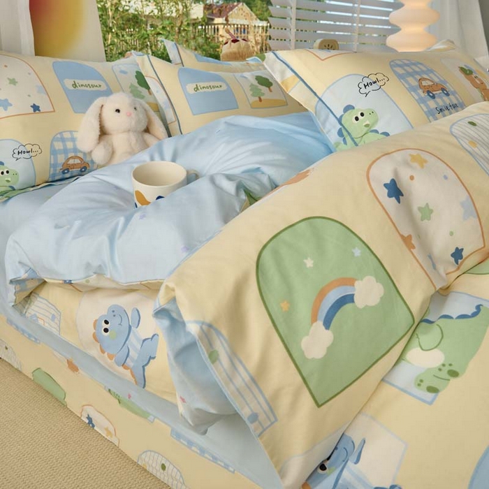 91家纺网 家纺一手货源 找家纺 铭博家纺 新款直播爆款网红全棉四件套13070印花吊边一字绣纯棉被套工艺款 童龙记