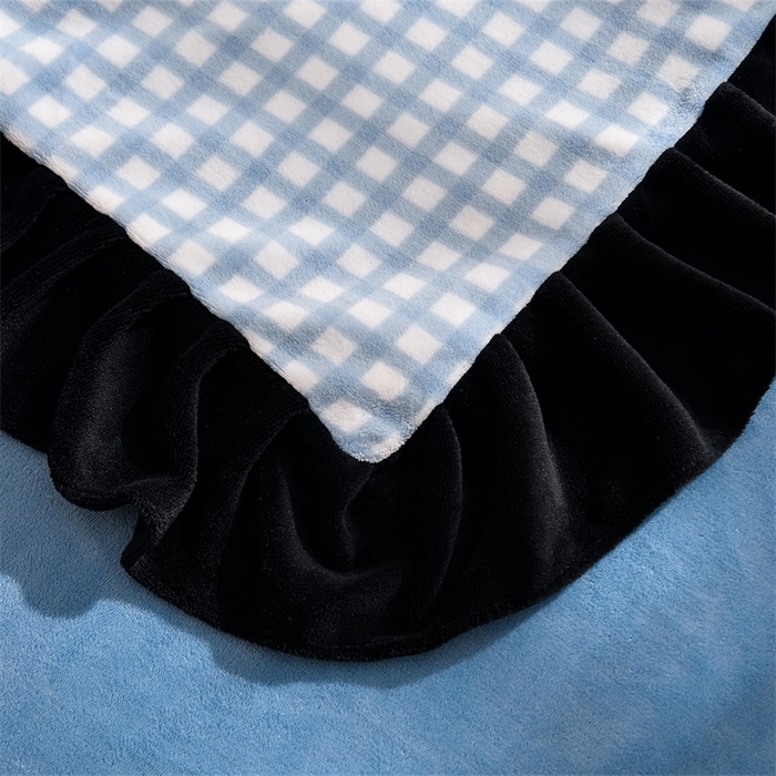 91家纺网 家纺一手货源 找家纺 炫拼家纺 2025新款法式蝴蝶结毛巾绣韩版加厚小格子花边牛奶绒四件套 法式蝴蝶结-蓝