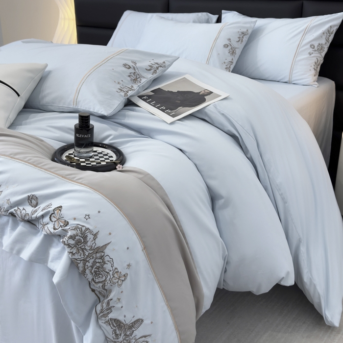 91家纺网 家纺一手货源 找家纺 苏美 2025新款加厚全棉绣花四件套-铃兰 铃兰-天空蓝