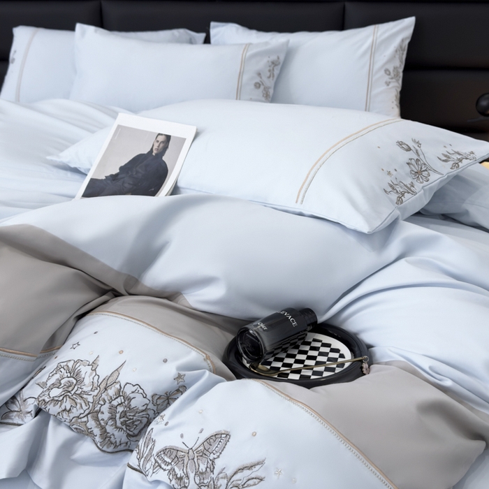 91家纺网 家纺一手货源 找家纺 苏美 2025新款加厚全棉绣花四件套-铃兰 铃兰-天空蓝