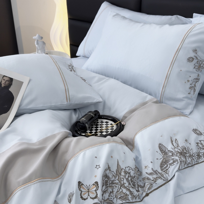 91家纺网 家纺一手货源 找家纺 苏美 2025新款加厚全棉绣花四件套-铃兰 铃兰-天空蓝