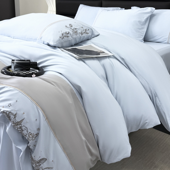 91家纺网 家纺一手货源 找家纺 苏美 2025新款加厚全棉绣花四件套-铃兰 铃兰-天空蓝