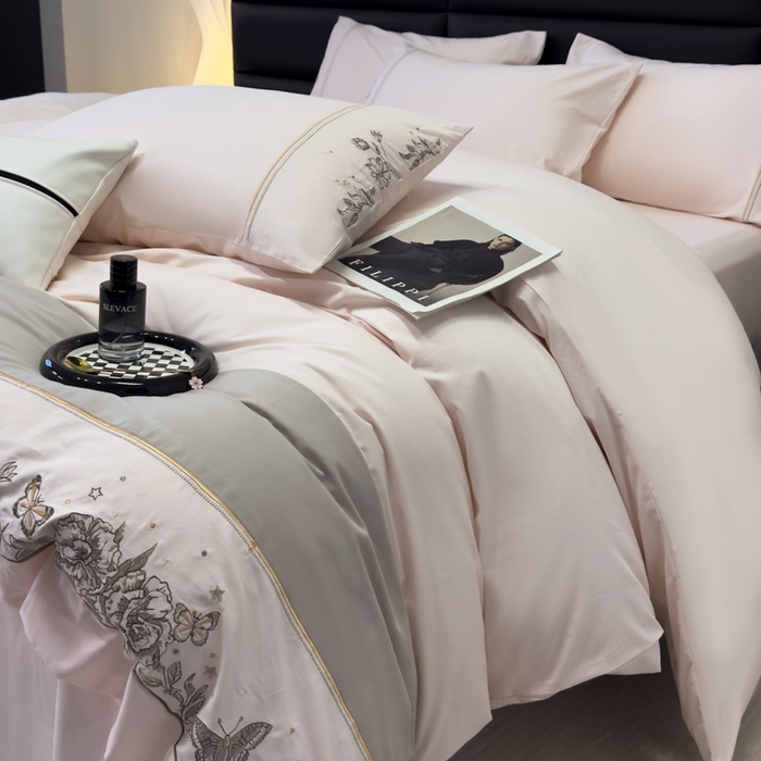 91家纺网 家纺一手货源 找家纺 苏美 2025新款加厚全棉绣花四件套-铃兰 铃兰-温柔粉