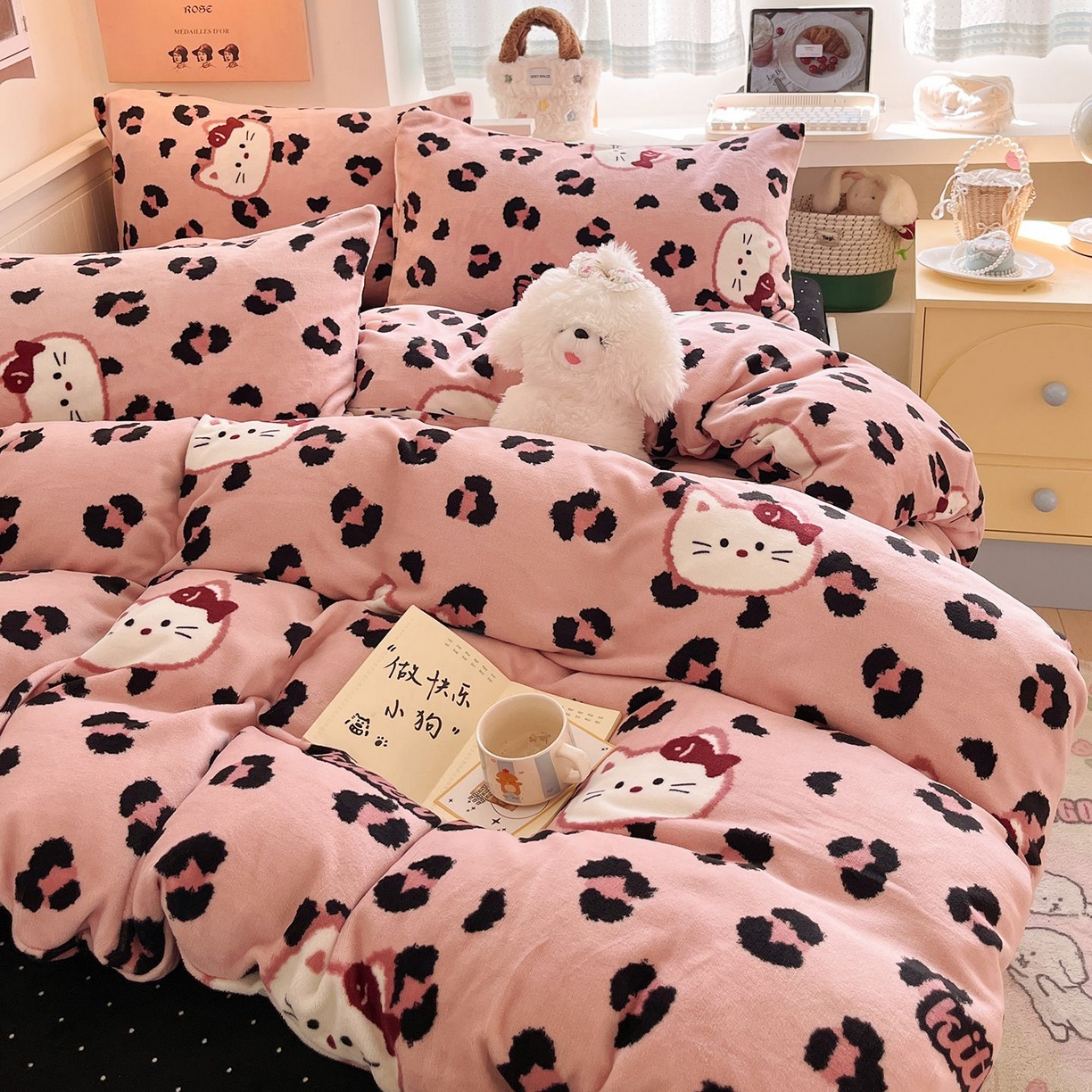 91家纺网 家纺一手货源 找家纺 （总）金爱家 2025新款A类ins小清新少女奶油卡通可爱加厚牛奶绒四件套