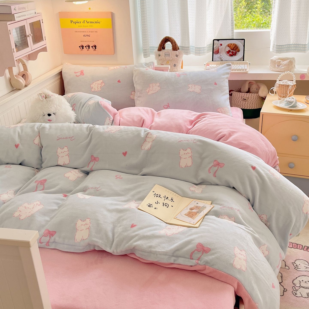 91家纺网 家纺一手货源 找家纺 （总）金爱家 2025新款A类ins小清新少女奶油卡通可爱加厚牛奶绒四件套